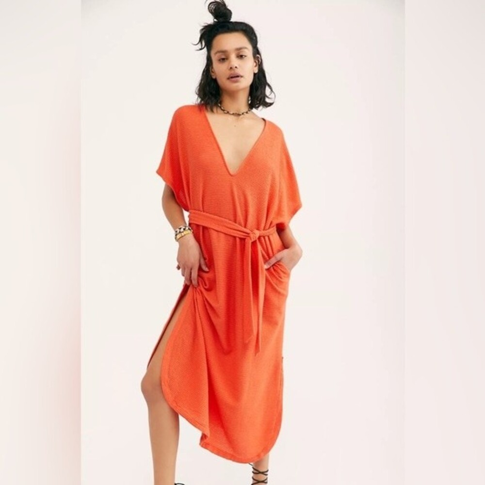 Free People Orange V-Neck Midi Dress with Belt
